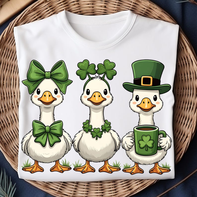 May include: White t-shirt featuring three cartoon geese celebrating St. Patrick's Day. Each goose has green accessories: a bow, shamrock headband, and a hat. One goose holds a green mug with a shamrock.