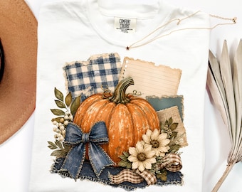 Blue Patchwork Pumpkin Bow DTF Transfer, Coquette Fall Autumn Ready To Press DTF, Preppy Floral Fall DTF Print,  Pumpkin Season Iron On Dtf