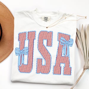USA Seersucker Stars Bows DTF Transfer, Patriotic Coquette Ready To Press Dtf, Retro 4TH Of July Dtf Print, Red White Blue Bow Iron On Print