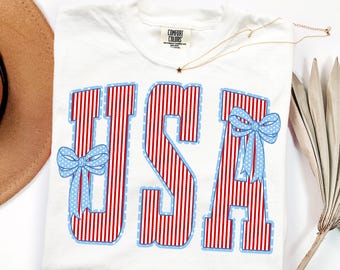 Transferencia DTF de estrellas y lazos de seersucker de EE. UU., coqueta patriótica lista para prensar DTF, impresión DTF retro del 4 de julio, impresión termoadhesiva de lazo rojo, blanco y azul