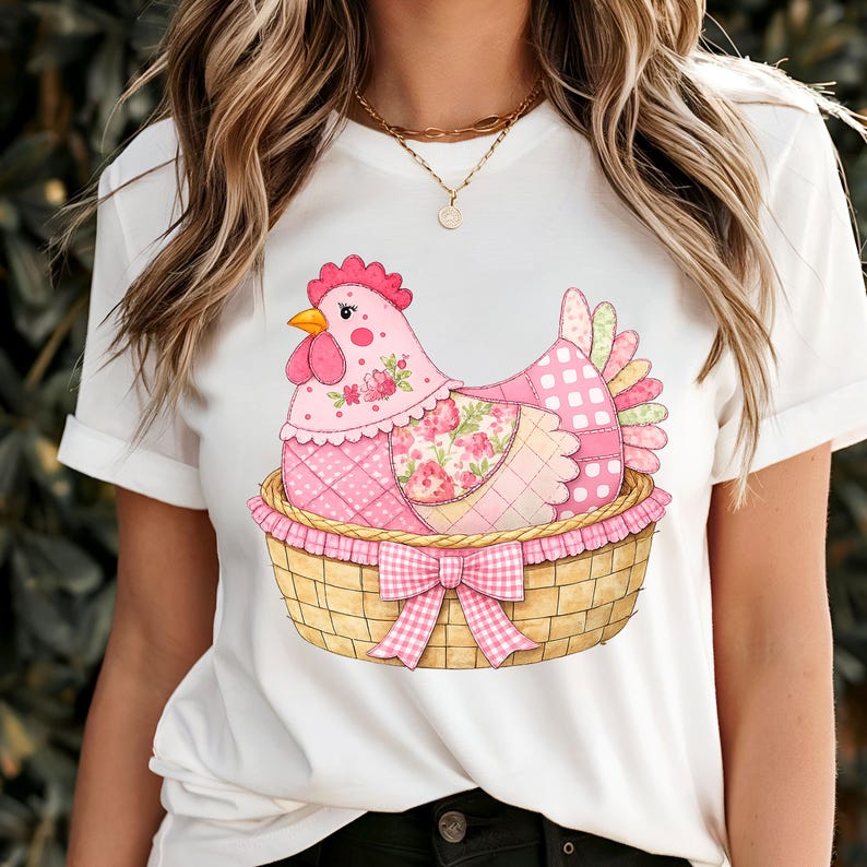 May include: White t-shirt with a colourful chicken illustration. The chicken is pink with floral and polka dot patterns, nestled in a woven basket with a pink gingham bow. The design is detailed and vibrant.