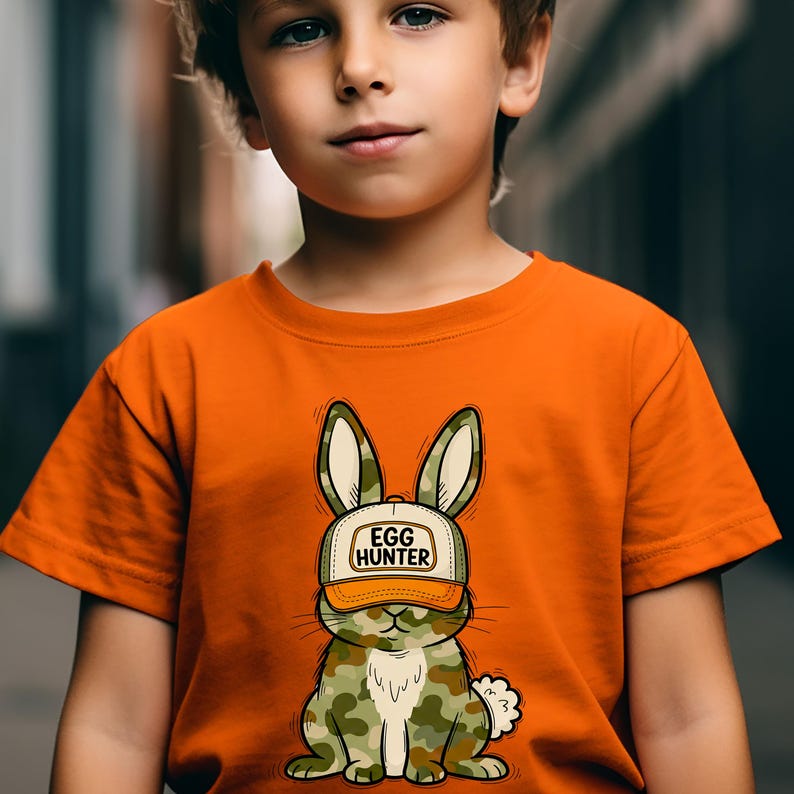 Puede incluir: Camiseta naranja con un dise&ntilde;o de conejo de dibujos animados que lleva una gorra de camuflaje con el texto "EGG HUNTER". El conejo tiene orejas grandes y una cola esponjosa. La camiseta la lleva una persona joven.