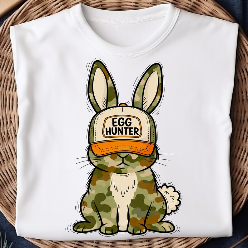 Puede incluir: Camiseta blanca con un conejo de dibujos animados que lleva una gorra de camuflaje. La gorra dice "EGG HUNTER". El conejo tiene un patr&oacute;n de camuflaje en tonos verdes, marrones y beige. El dise&ntilde;o est&aacute; centrado en la camiseta.