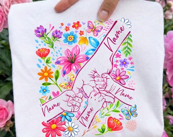Hands Boho Floral Mom/ Grandma and Childs DTF Transfer, Custom Name Kids Hands Mother’s Day Ready To Press, Gift Best Mom Ever Iron On Print