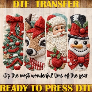 May include: A DTF transfer design featuring a Christmas tree, reindeer, Santa Claus, and a snowman. The design includes the text "it's the most wonderful time of the year" and "READY TO PRESS DTF". The design is in red, green, white, and brown.