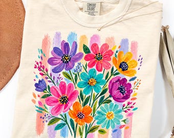 Transferencia DTF de pinceladas florales bohemias a rayas, estilo preppy veraniego lista para planchar, estampado veraniego de flores silvestres, estampado floral preppy veraniego.