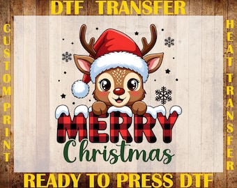 Merry Christmas Reindeer DTF Transfer, Cute Santa Rudolph Ready To Press DTF, Kids Christmas Print, Checker Merry Xmas Iron On
