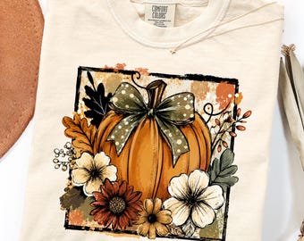 Floral Fall Pumpkin DTF Transfer, Preppy Floral Pumpkin Bow Ready To Press DTF, Preppy Brushstroke  Autumn DTF Print, Pumpkin Season Iron On