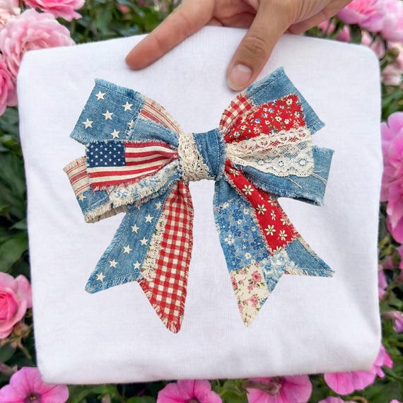 Patriotic Coquette Bow DTF Transfer, Faux Patchwork Bow Ready To Press Dtf, Vintage Style American Flag Iron On, Girly Patriotic Dtf Print