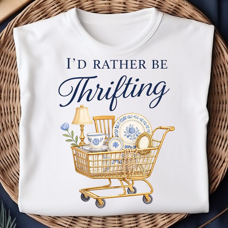 Op de afbeelding: Wit T-shirt met de tekst "I'd Rather Be Thrifting" in marineblauwe letters. Een gouden winkelwagenafbeelding is gevuld met vintage items, waaronder een lamp, stoel, theekopje en borden met blauwe bloemmotieven.