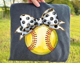 Polka Dot Bow With Yellow Ball DTF Transfer, Softball Mama Ready To Press DTF, Coquette Softball DTF Print, Softball Game Day Iron On Print