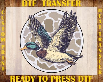 Camo Duck Hunting DTF Transfer, Old School Camo Ready To Press DTF, Flying Mallard Duck DTF Print, Retro Camouflage Hunting Iron On Transfer