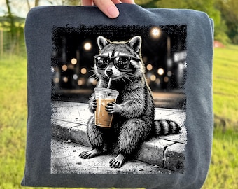 Funny Raccoon DTF Transfer, Raccoon Drinking Iced Coffee Ready To Press DTF, Animal Meme Iron On, Gift For Animal Lover Dtf, Coffee Lover