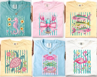 Coastal Summer DTF Transfer, Beach Vibes Ready To Press DTF, Seahorse Sea Turtle Flamingo DTF Print, Preppy Sardines Lobster Crab Iron On