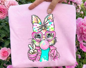 Glitter Easter Bunny Coquette DTF Transfer, Bunny Blowing Bubblegum Ready To Press, Happy Easter Iron On, Brushstroke Girls Kids Easter Dtf