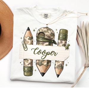 Custom Name Back To School  DTF Transfer, Boys Camo Pencil Ready To Press, Personalized Camouflage School Iron On,  Kids First Day Of School