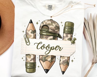 Custom Name Back To School  DTF Transfer, Boys Camo Pencil Ready To Press, Personalized Camouflage School Iron On,  Kids First Day Of School