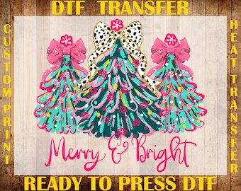 Merry And Bright Christmas Tree DTF Transfer, Floral Coquette Christmas Ready To Press DTF, Pink Christmas Tree DTF Print, Xmas Holiday Dtf