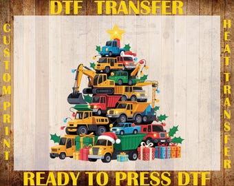 Construction Truck Christmas DTF Transfer, Christmas Tree Cars Ready To Press DTF, Kids Monster Truck DTF Print, Holiday Gift For Boys Print