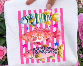 Preppy Fish DTF Transfer, Female Fishing Ready To Press DTF, Colorful Maximalist DTF Print, Summer Beach Fishing Dtf, Trendy Summer Iron On
