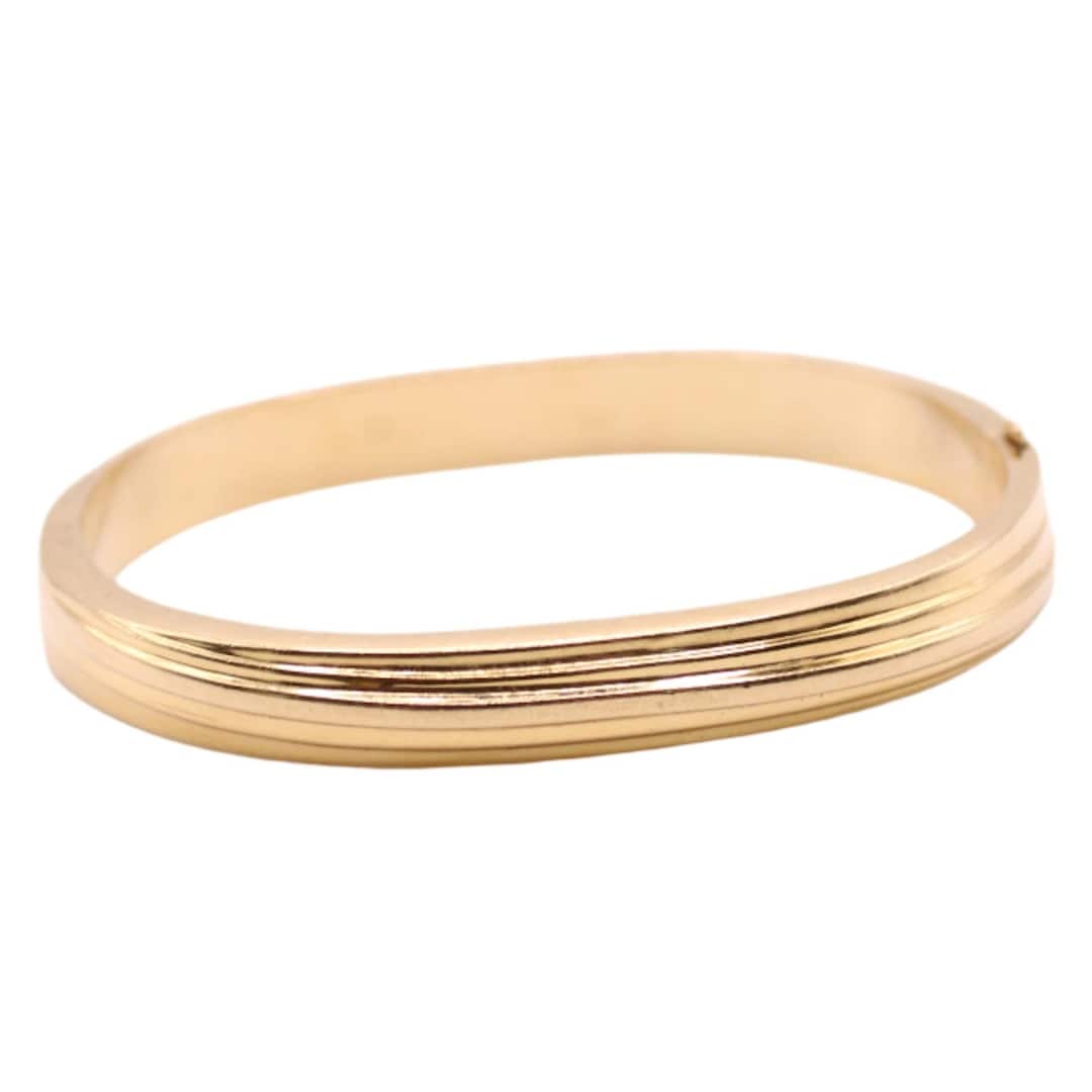 Vintage 14k Yellow Gold Ribbed Texture Hinged Bangle Bracelet 6.75
