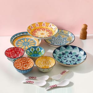16-Piece Boho Ceramic Dinnerware Set for 4, Plates, Bowls , Spoons, Handmade Style Tableware Set, Kitchen,  Dining