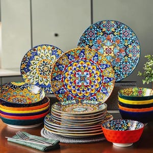 24‑Piece Bohemian Stoneware Dinner Set – Colorful Handcrafted Tableware with Dinner Plates, Dessert Plates, Pasta Bowls & Cereal Bowls –
