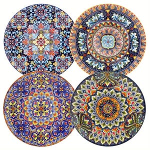 Set of 4 Hand-Painted Moroccan Bohemian Dinner Plates – Porcelain, Microwave & Dishwasher Safe
