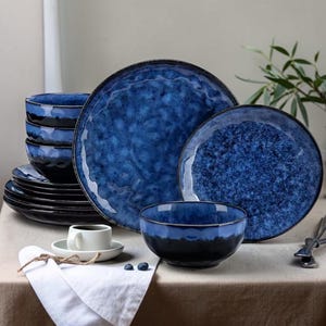 12-Piece Blue Ceramic Dinnerware Set, Kiln-Changed Stoneware Plates and Bowls