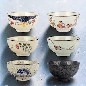 Japanese Ceramic Bowl Set 6pcs – Floral, Fish & Bird Designs
