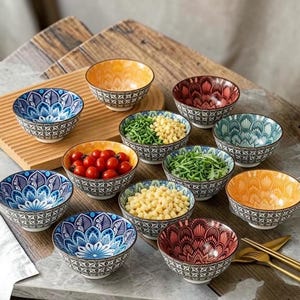Set of 12 Hand‑Painted Ceramic Tapas Bowls – Colorful Boho Serving Bowls for Snacks & Spices
