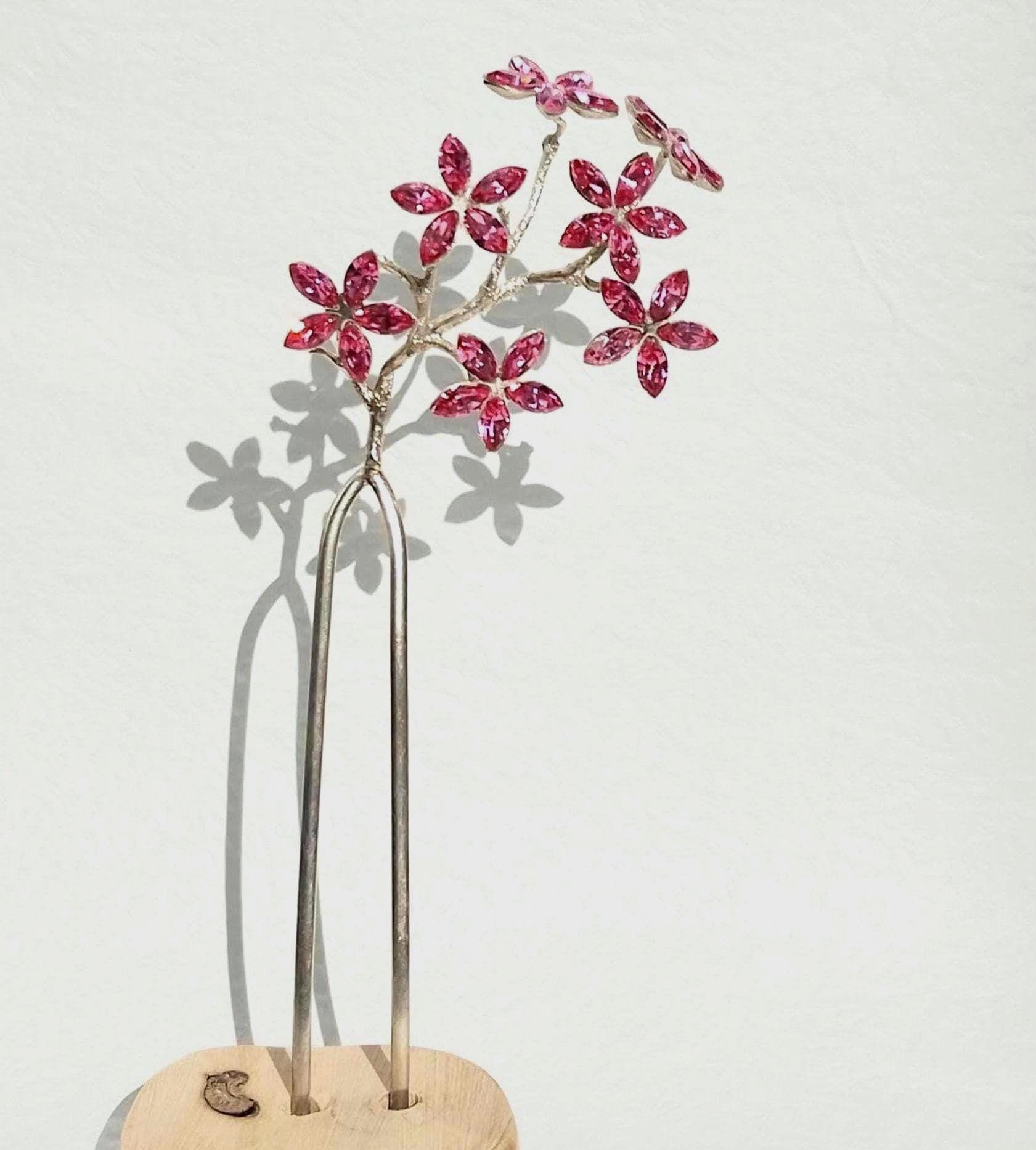 Handmade Japanese Kanzashi - Deep Pink Blossom Silver-Plated Brass Hair…