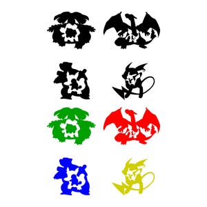 May include: A collection of eight graphic decals featuring silhouettes of various creatures. The top row shows black silhouettes, while the bottom rows display green, red, blue, and yellow silhouettes, each containing a smaller white character cutout.