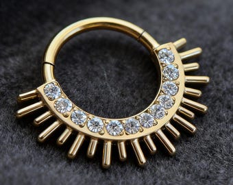 16G Titanium Hinged Nose Ring: CZ Paved Septum Hoop Jewelry