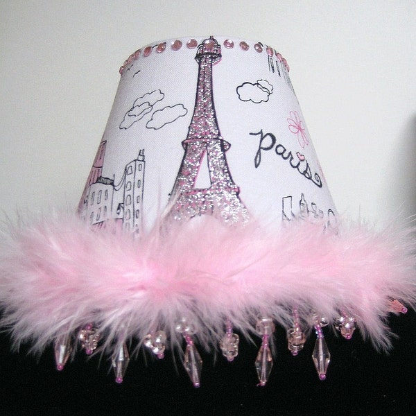 Paris Night Light, Eiffle Tower, French, Feather Trim, Chandelier Style, Ooh La La, Pink Black, Girly Fabric, with Beads and Rhinestones