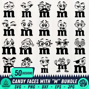 Könnte beinhalten: Eine Sammlung von zwanzig schwarzen Grafikdesigns, die den Kleinbuchstaben m zeigen, ergänzt durch verschiedene Cartoon-Gesichter, Ausdrücke und Accessoires. Der Text 50 DESIGNS CANDY FACES WITH M BUNDLE SVG PNG DXF EPS JPG steht unten.