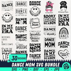 Może przedstawiać: Kolekcja 30 wzorów SVG "Dance Mom" w kolorze czarnym i białym. Projekty zawierają frazy takie jak "Dance Mom Era", "Dance Mom Squad" i "Dance is my favorite season". Pakiet zawiera formaty SVG, PNG, DXF, EPS i JPG.