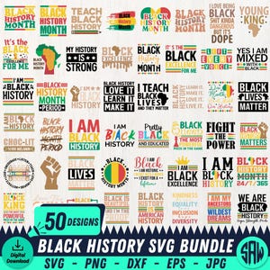 Puede incluir: Un paquete de gráficos de descarga digital con 50 diseños de Black History. Los diseños incluyen textos como "Black History Month", "Black Lives Matter" e "I Am Black History". La paleta de colores incluye negro, verde, amarillo y rojo.