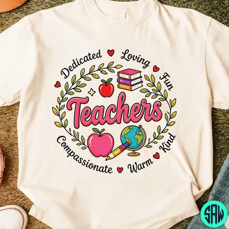 May include: Cream-coloured t-shirt with a colourful graphic design for teachers. The design includes the word "Teachers" in pink, surrounded by a wreath, apples, books, a globe, and the words "Dedicated, Loving, Fun, Kind, Warm, Compassionate."