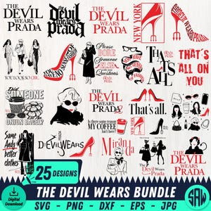 Può includere: Un pacchetto di download digitale con 25 design ispirati a "Il diavolo veste Prada". La collezione include grafica testuale, illustrazioni di tacchi alti e citazioni a tema moda in nero e rosso.