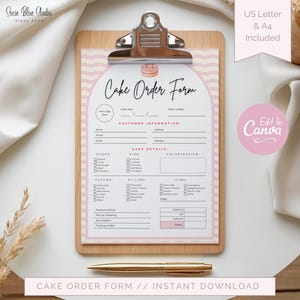 May include: A printable cake order form on a wooden clipboard with a gold pen. The document features a pink wavy border, an arch design, and sections for customer information, cake details, flavors, fillings, icing, and payment totals in inches.