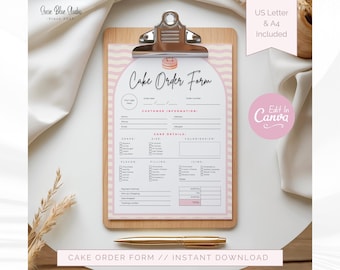 Può includere: Un modulo d'ordine per torte stampabile su una cartellina in legno con una penna dorata. Il documento presenta un bordo ondulato rosa, un design ad arco e sezioni per le informazioni sul cliente, i dettagli, i gusti e i prezzi in cm.