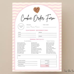 A cookie order form with a pink and white striped border and a cookie graphic. The form includes sections for customer information, order details, flavours, and toppings. The text "Cookie Order Form" is written in a script font.
