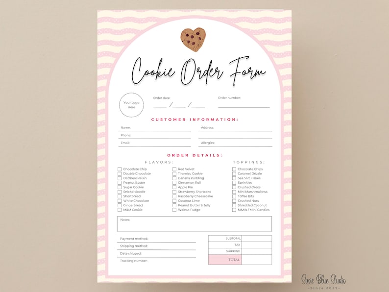 A cookie order form with a pink and white striped border and a cookie graphic. The form includes sections for customer information, order details, flavours, and toppings. The text "Cookie Order Form" is written in a script font.