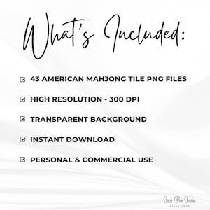 A digital product listing graphic with the text What's Included: followed by a list of features: 43 American Mahjong tile PNG files, high resolution 300 DPI, transparent background, instant download, and personal and commercial use.