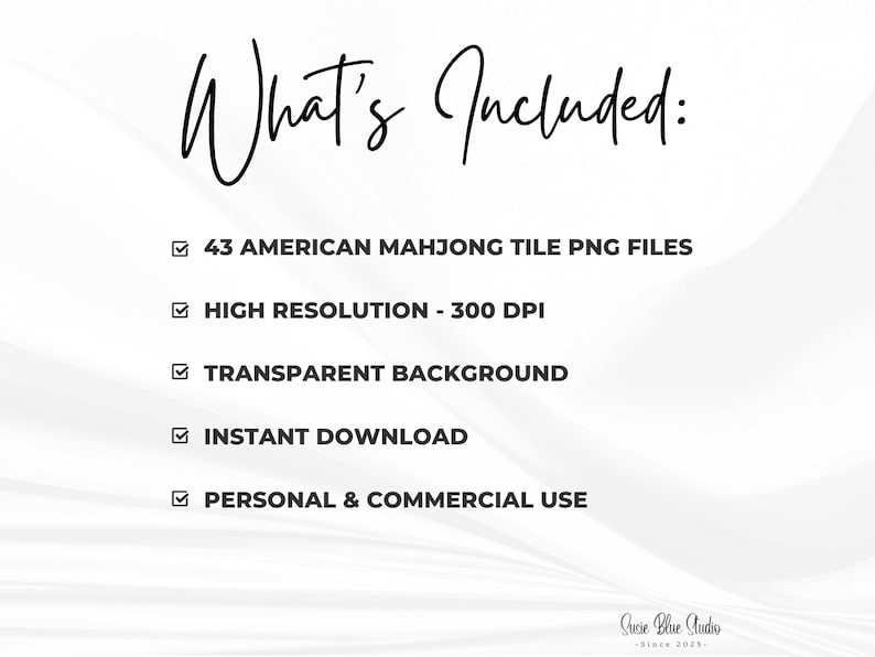 A digital product listing graphic with the text What's Included: followed by a list of features: 43 American Mahjong tile PNG files, high resolution 300 DPI, transparent background, instant download, and personal and commercial use.