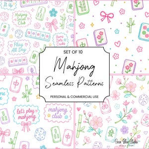 Könnte beinhalten: Ein Set aus zehn nahtlosen digitalen Mustern mit handgezeichneten Illustrationen von Mahjong-Steinen, Bambusstangen, rosa Schleifen, Würfeln und Kirschblüten in Pastellfarben. Der zentrale Text lautet SET OF 10 Mahjong Seamless Patterns.