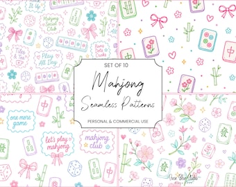 Mahjong Seamless Pattern Bundle, Mahjong PNG, Coquette Doodle Repeat Tile Graphics, Mahjong Clipart Pattern Bundle, Instant Digital Download