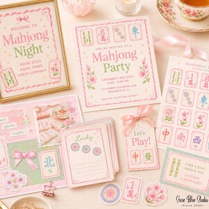 A collection of Mahjong-themed stationery including a framed sign, party invitation, sticker sheet, and various cards. The items feature pink and green floral designs, Mahjong tile illustrations, and text such as Welcome to Mahjong Night.