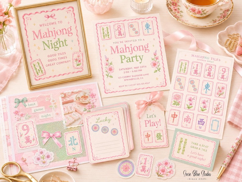 A collection of Mahjong-themed stationery including a framed sign, party invitation, sticker sheet, and various cards. The items feature pink and green floral designs, Mahjong tile illustrations, and text such as Welcome to Mahjong Night.